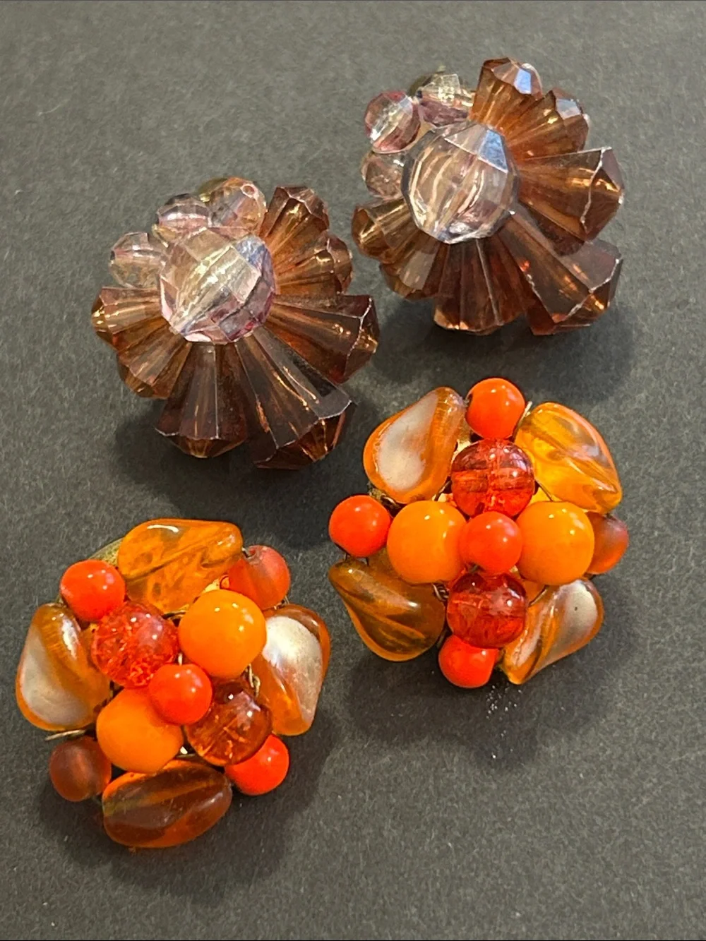 Vintage Cluster Clip-On Earrings - Orange & Amber Tones